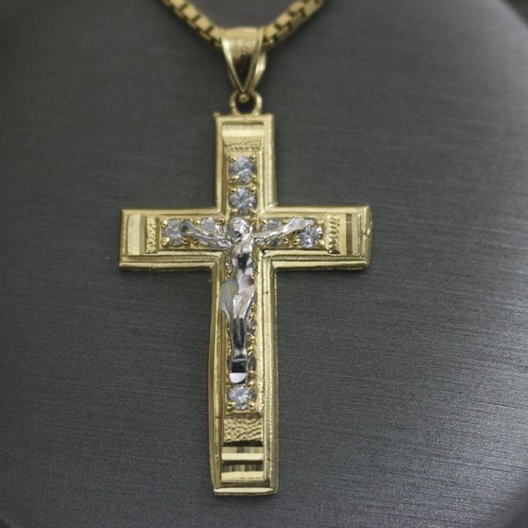 14KT Jesus on Cross White Sapphire Engraved Pendant with 14ktSolid Box Chain